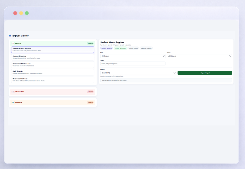 Export/Reports Module Main View